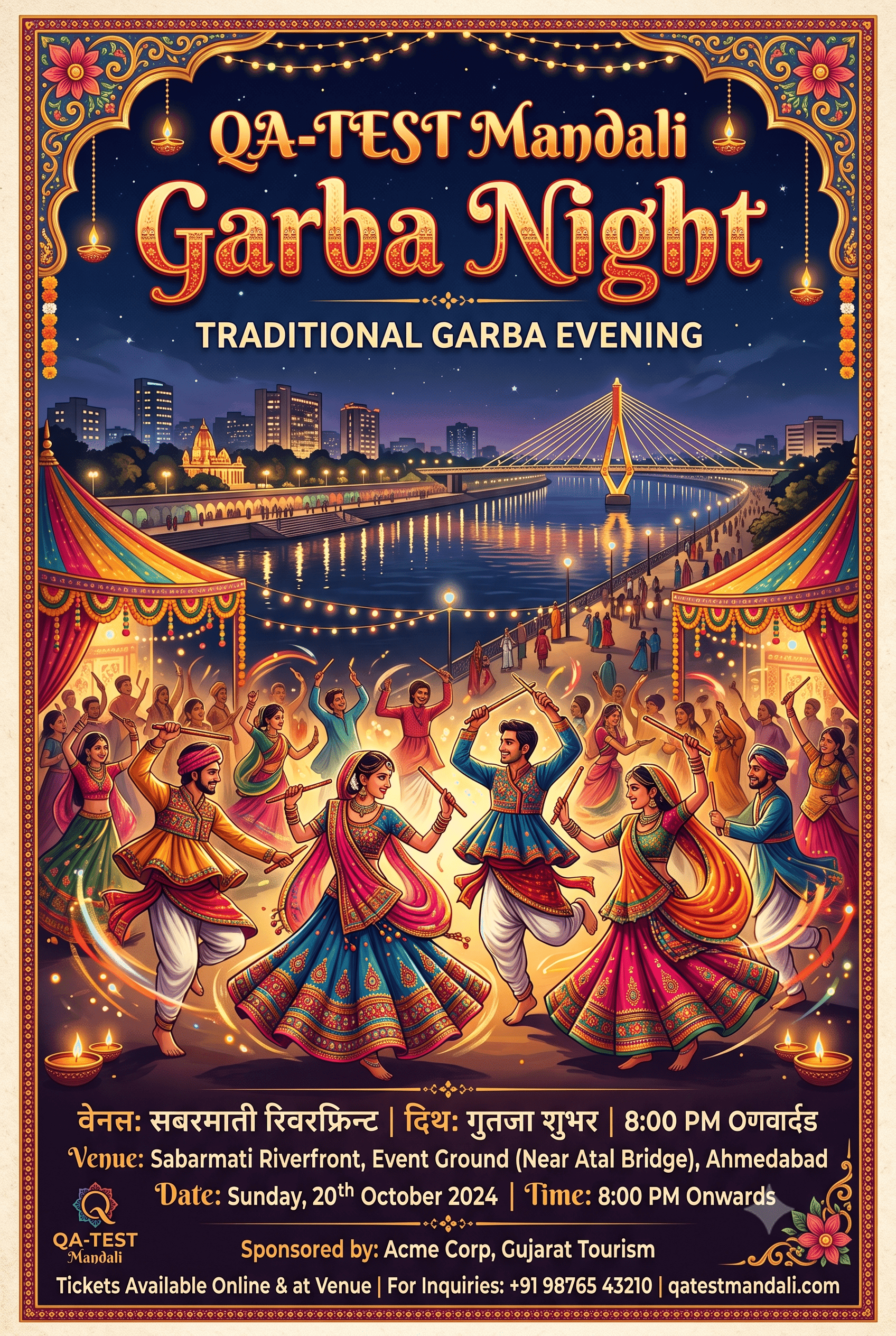 Poster for QA-TEST Mandali Garba Night, a traditional garba evening at the Sabarmati Riverfront